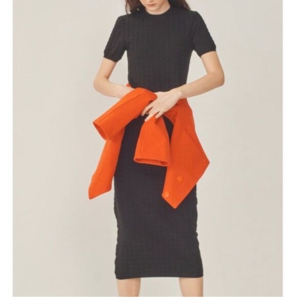 NWT High Sport Em Waffle‎ Knit Midi Dress Black Textured Short Sleeve - Small